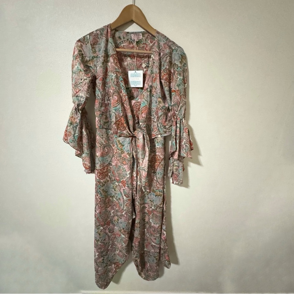 Cienna Zara Silk Jumpsuit and Tie Top Shirt Ruffle Wide Leg Multicolor NWT-S/M
